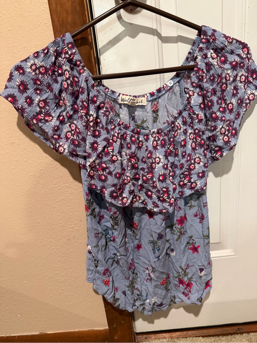 Wallflower Blue Floral Ruffle Off-Shoulder Top